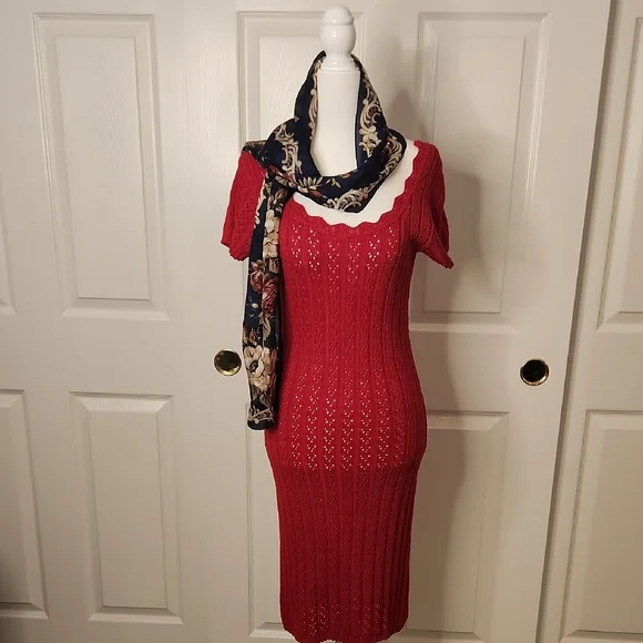 VTG MODA INT'L Red Knit Short Sleeve Scalloped Neckline Midi Dress Size S - Picture 15 of 15